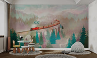 Mountain landscape wall mural with a red train, misty forest and floating car.