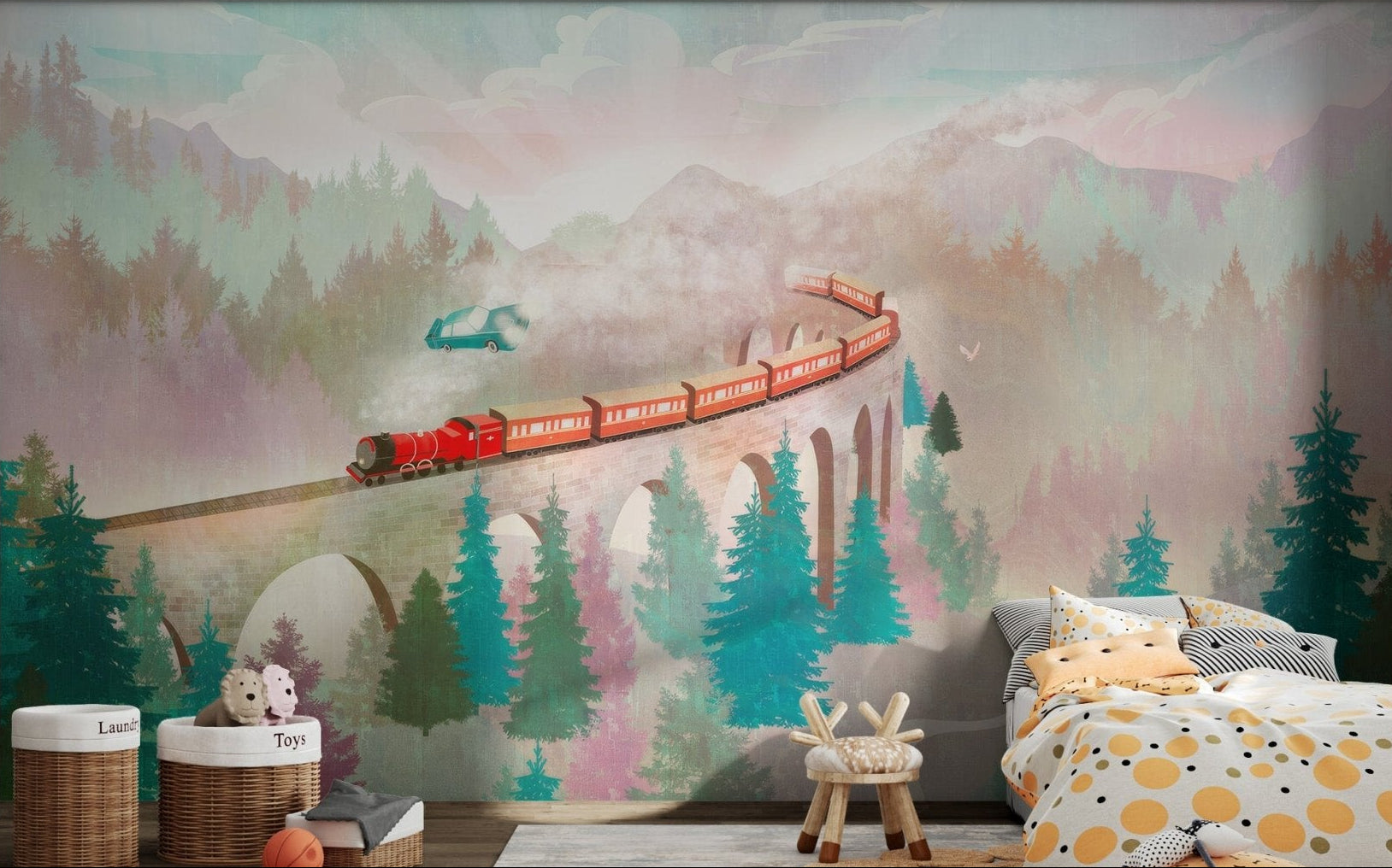 Fantasy mural showing a train on a viaduct with misty trees and a car.