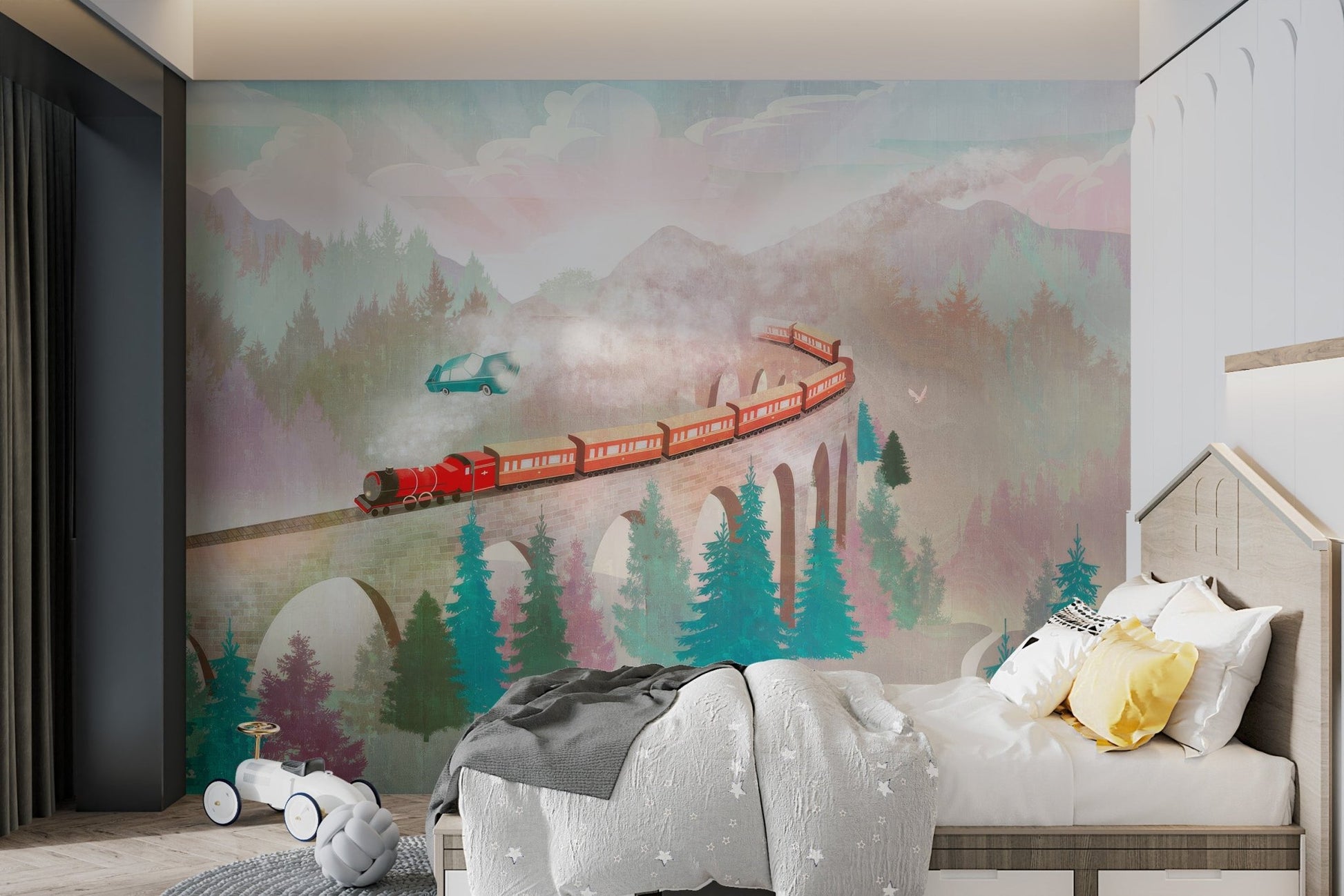 Stone viaduct and steam train illustration wall mural for bedrooms