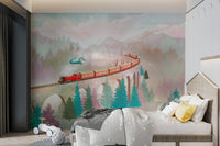 Stone viaduct and steam train illustration wall mural for bedrooms