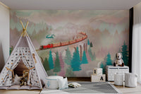 Watercolor style train over arches wall mural for vibrant playroom spaces