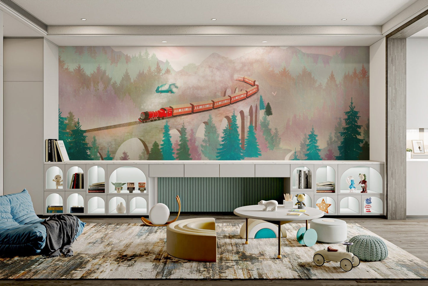 Red steam train on stone bridge mural for magical style playroom decor