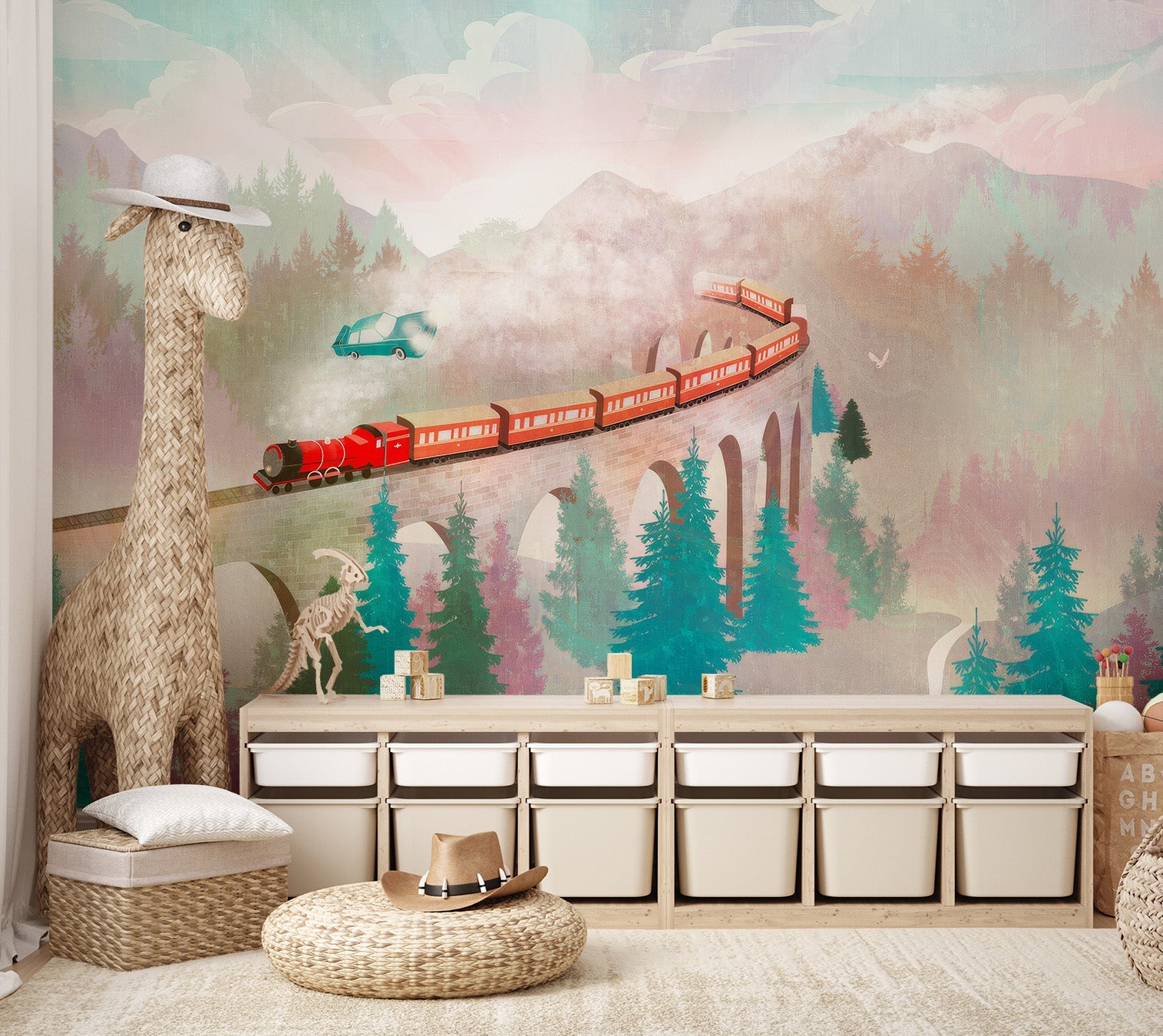 Wall mural of a magical red train and flying car set against a misty mountain.