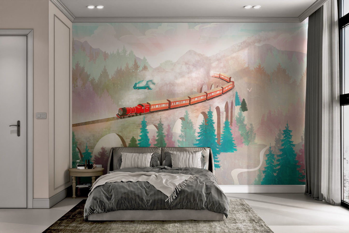 Misty Mountain Viaduct with Red Train Mural for bright bedroom feature walls