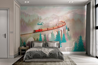 Misty Mountain Viaduct with Red Train Mural for bright bedroom feature walls