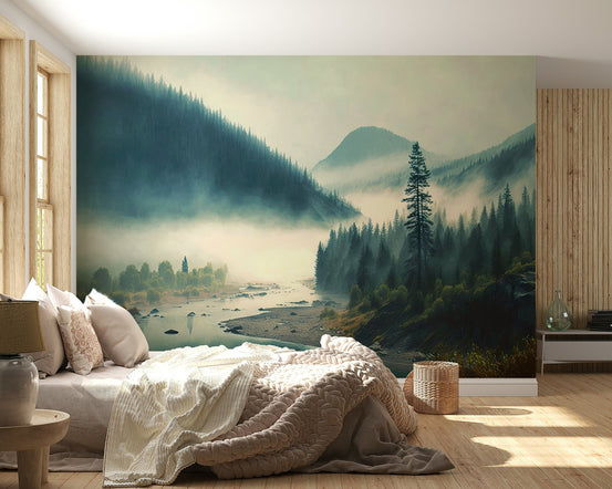 Green mountain wallpaper in bedroom feature wall