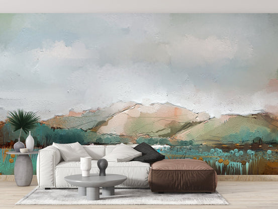 Serene misty mountain watercolor mural for tranquil living walls.
