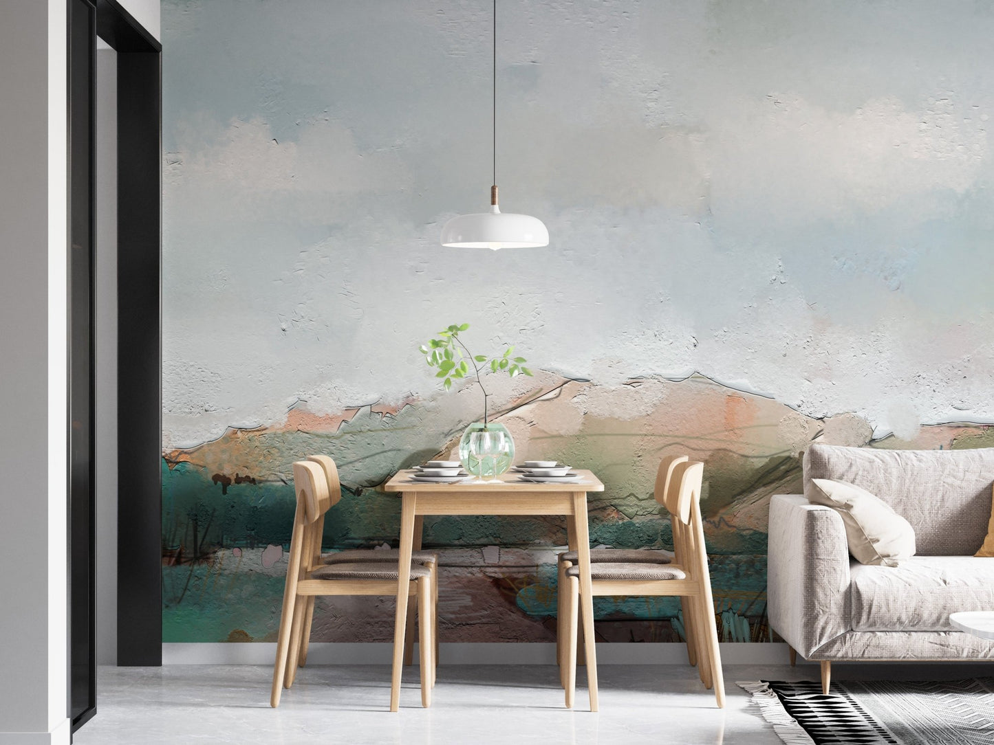 Tranquil mountain landscape watercolor mural for dining area walls.
