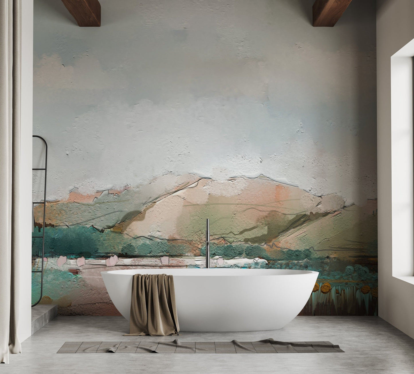 Elegant misty mountain mural with soft, artistic design in bathroom.
