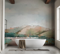 Elegant misty mountain mural with soft, artistic design in bathroom.
