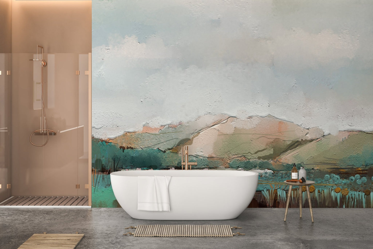 Dreamy misty mountain mural with soothing watercolor tones in bathroom.
