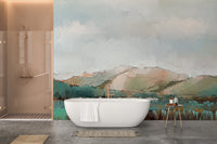Dreamy misty mountain mural with soothing watercolor tones in bathroom.
