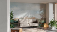Watercolor misty mountain mural perfect for serene living spaces.
