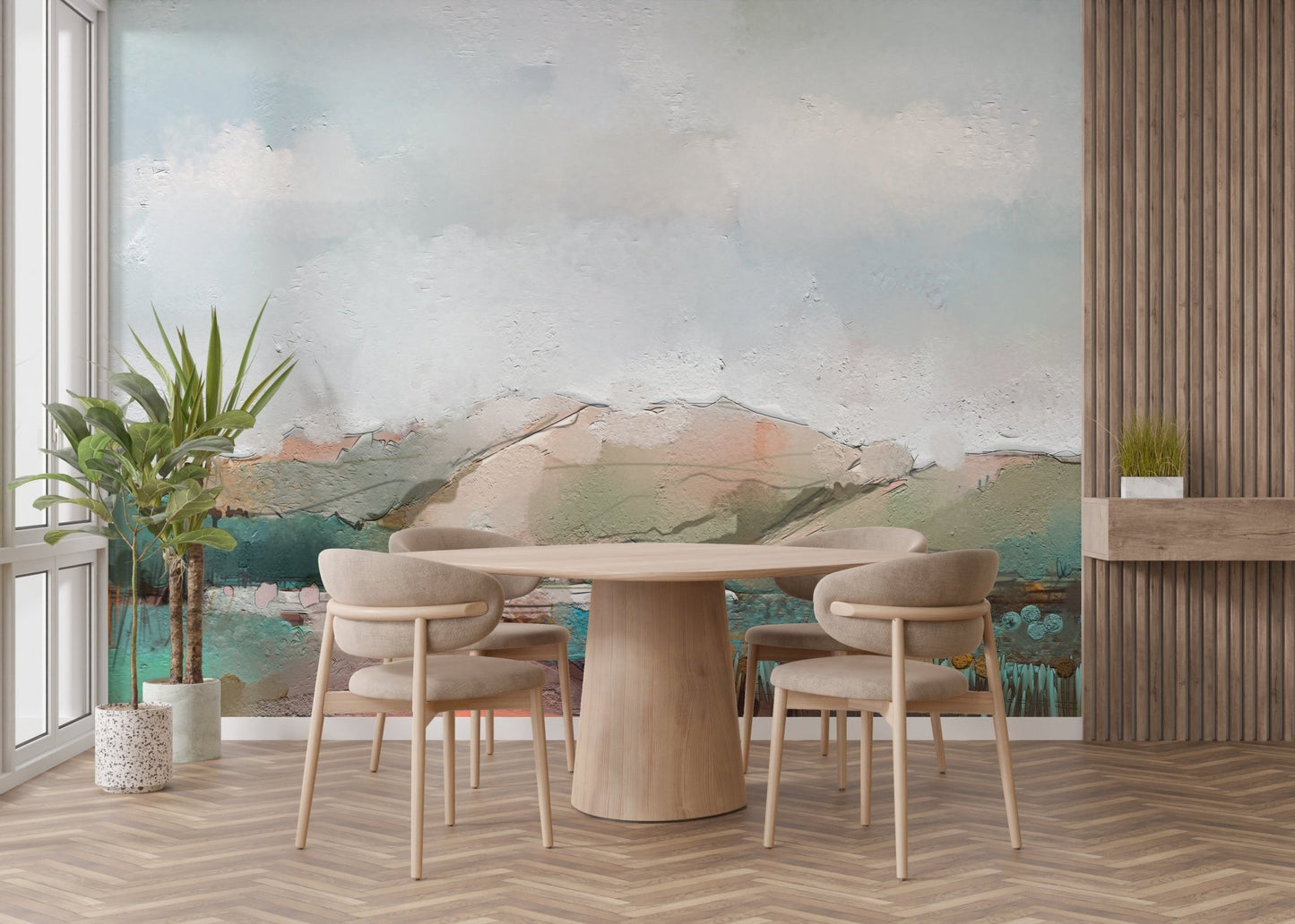 Misty watercolor mountain mural for peaceful dining room wall decor.