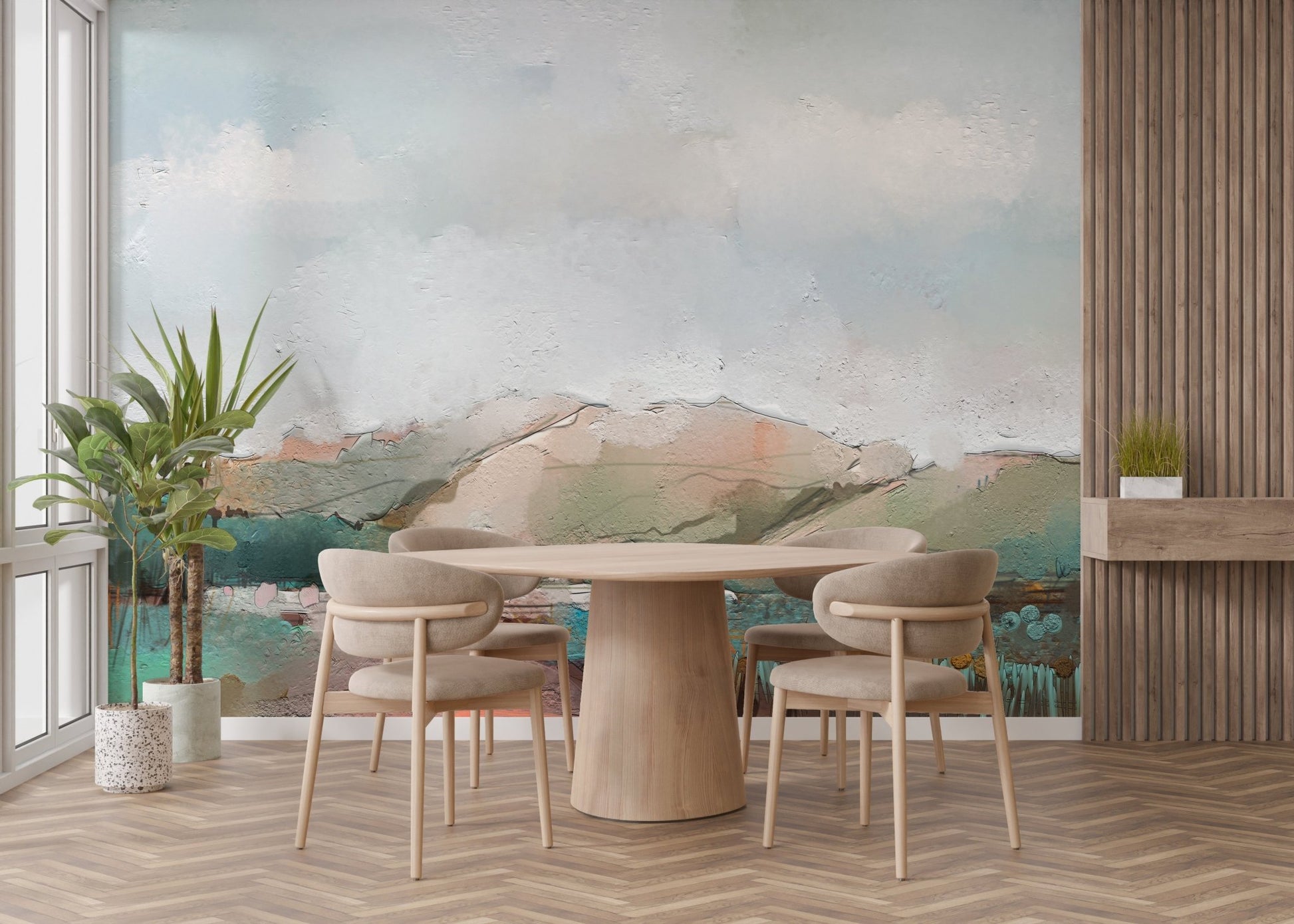 Misty watercolor mountain mural for peaceful dining room wall decor.