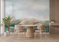 Misty watercolor mountain mural for peaceful dining room wall decor.