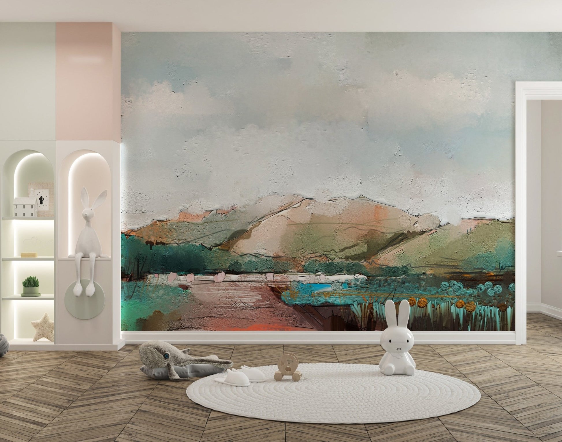 Misty mountain magic mural with soft watercolor hues in kids nursery.
