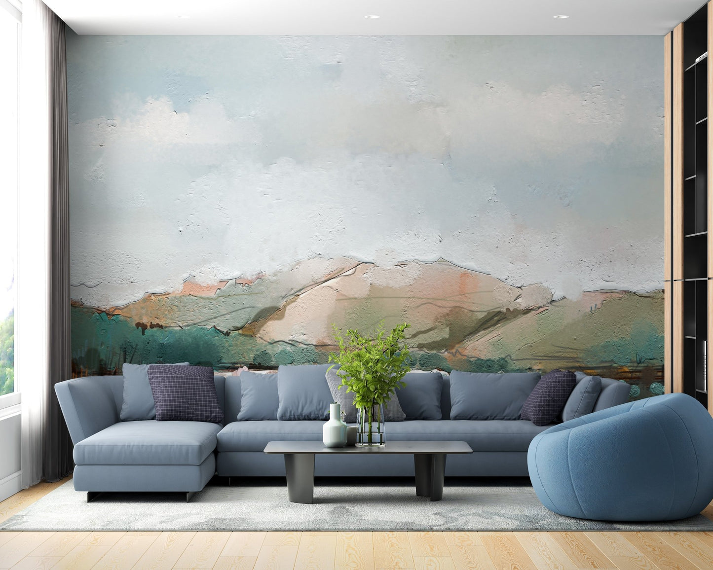 Misty mountain mural ideal for calming living area.
