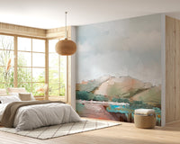 Misty mountain mural with dreamy watercolor magic design in bedroom.
