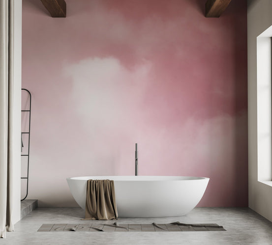 Misty pink clouds wall mural creating a peaceful ambiance in bathroom.
