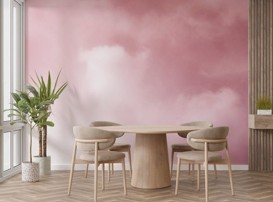 Dreamy misty pink clouds mural for serene dining room decor.
