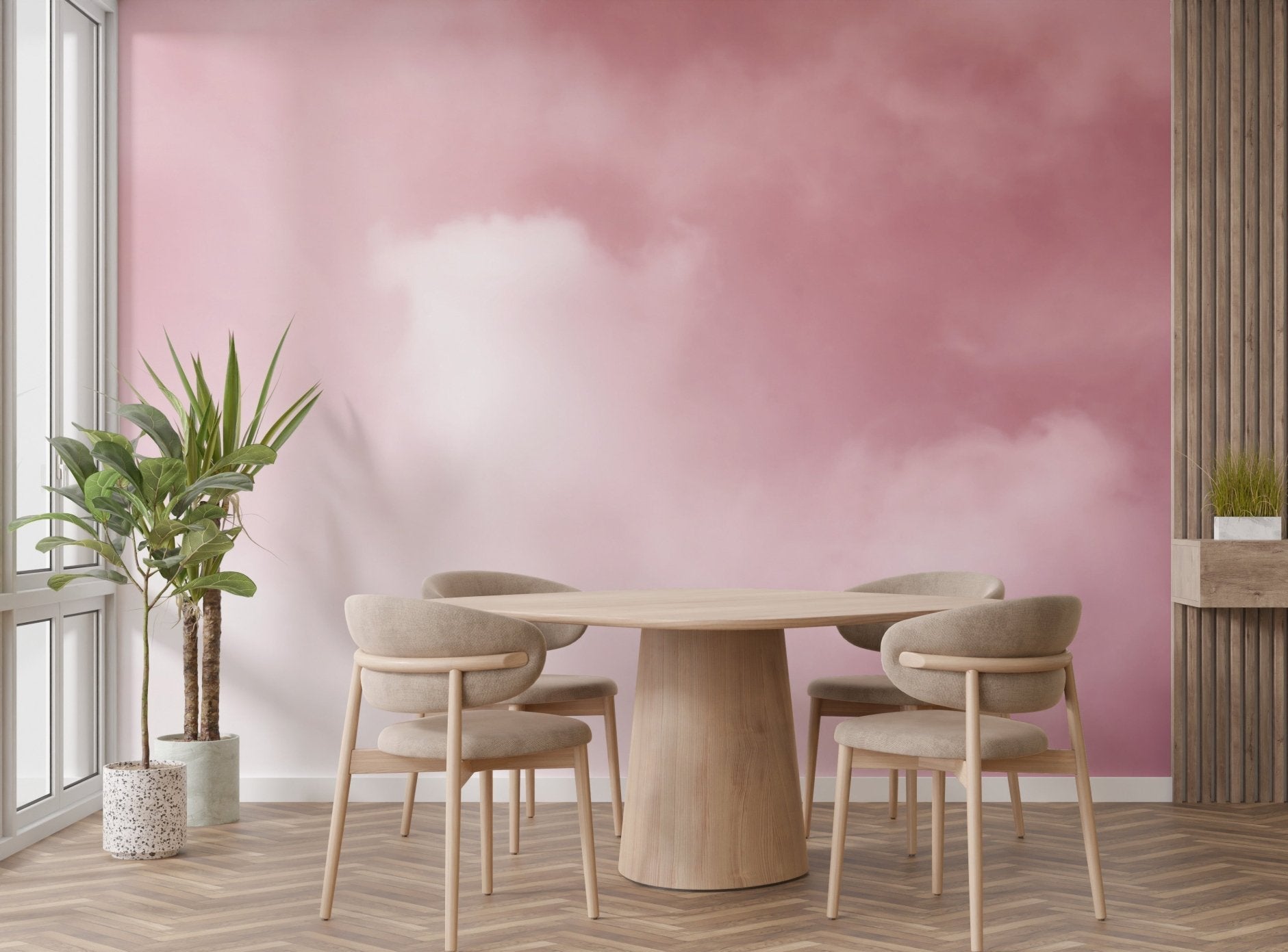 Dreamy misty pink clouds mural for serene dining room decor.
