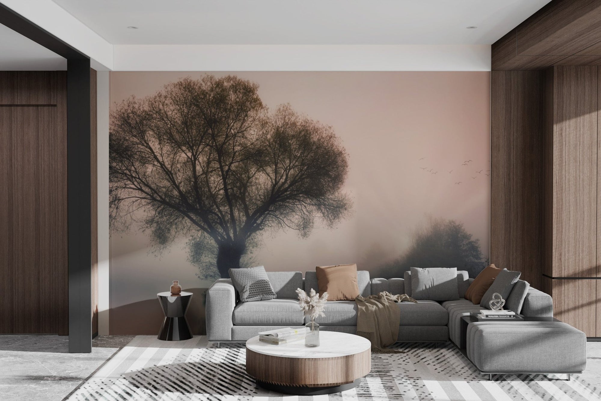Misty solitary tree wallpaper in soft sunrise hues.