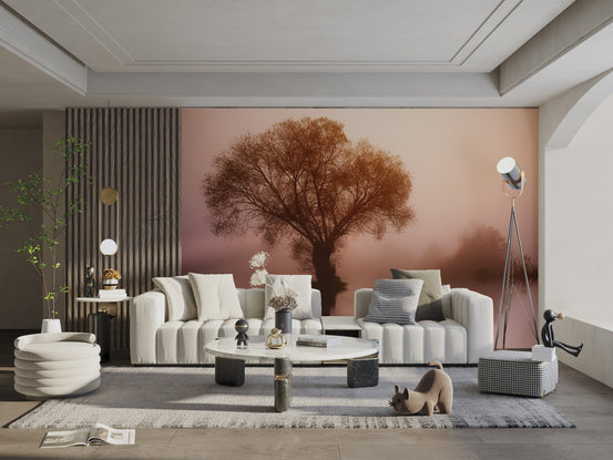 Serene lakeside tree wall mural with warm morning light and reflections.