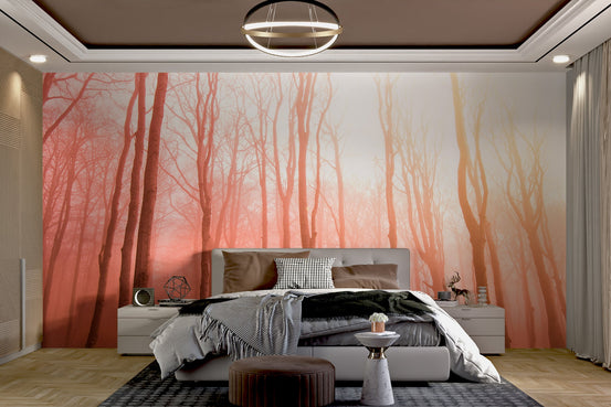 Misty sunset forest wallpaper with tall trees in orange light.
