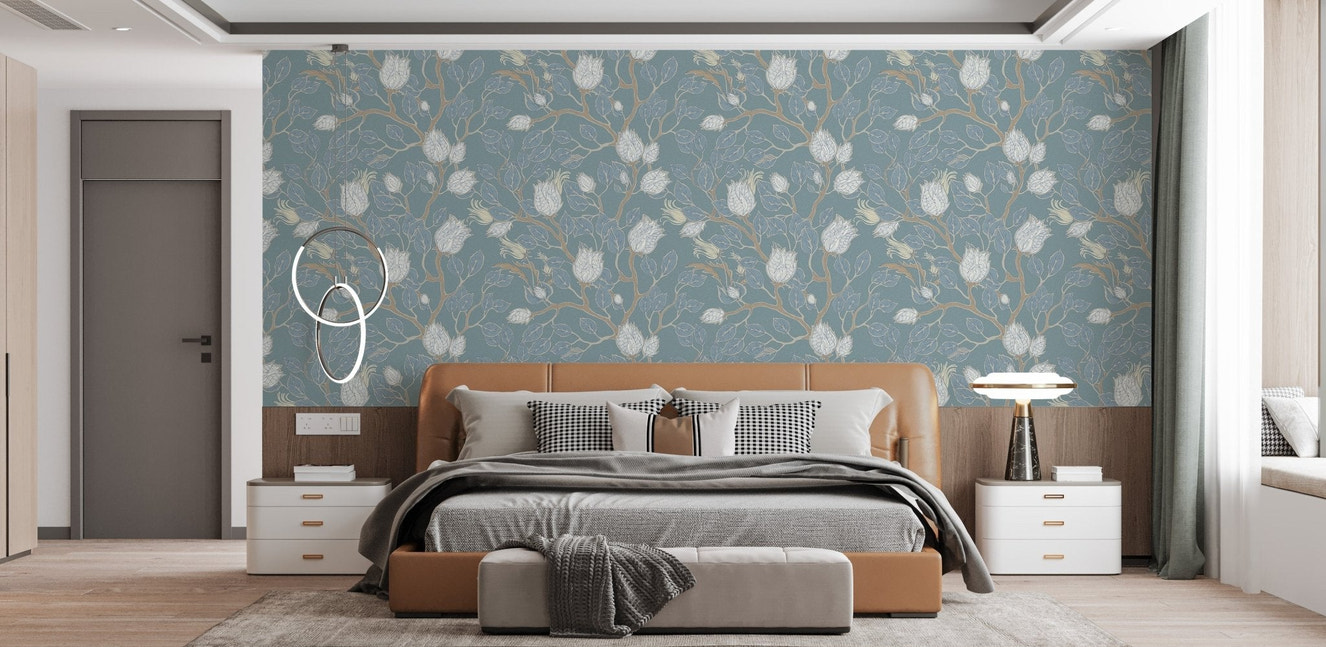 Misty turquoise elegance wallpaper with floral branches and soft turquoise color for bedroom interior.