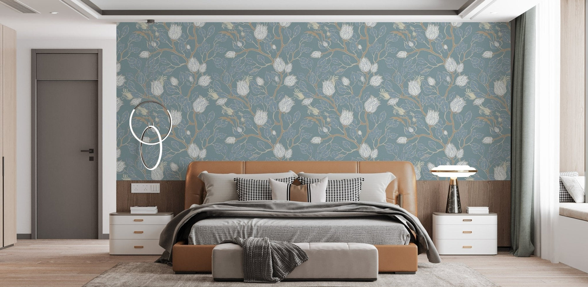 Misty turquoise elegance wallpaper with floral branches and soft turquoise color for bedroom interior.