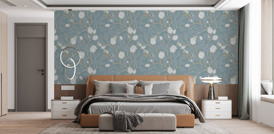 Misty turquoise elegance wallpaper with floral branches and soft turquoise color for bedroom interior.