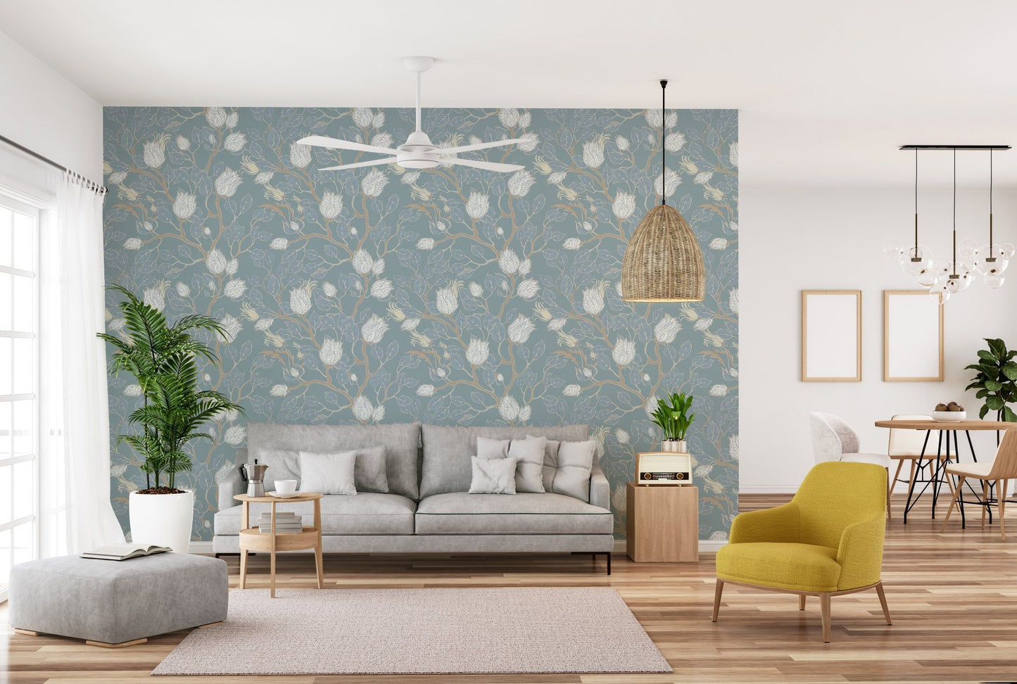 Vintage floral branch wallpaper for living space with calm turquoise color palette.