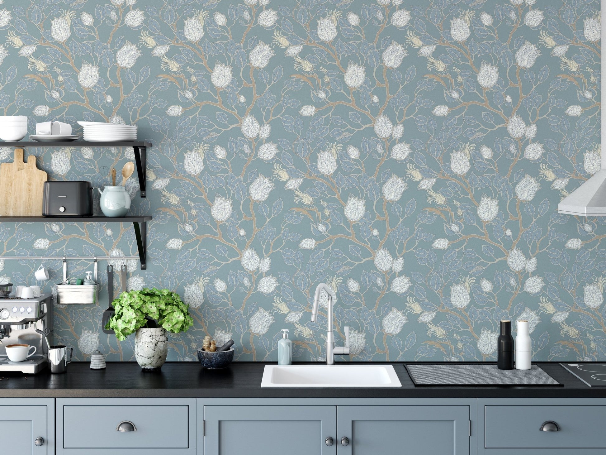 Vintage botanical branch pattern wallpaper in misty turquoise tone for kitchen backdrop.