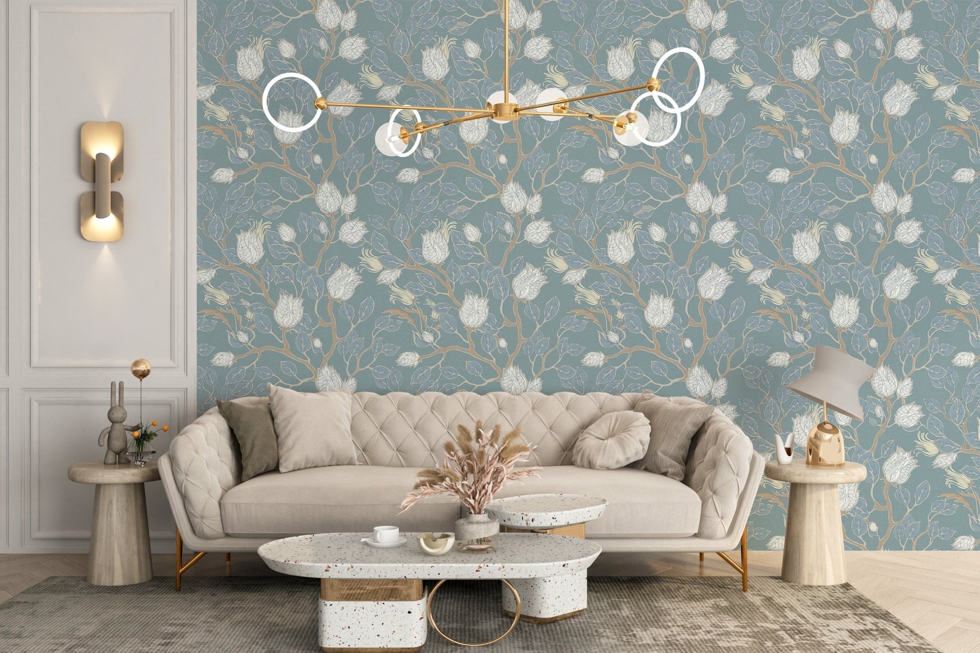 Soft turquoise botanical wallpaper with detailed leaf and flower pattern on living space backdrop.