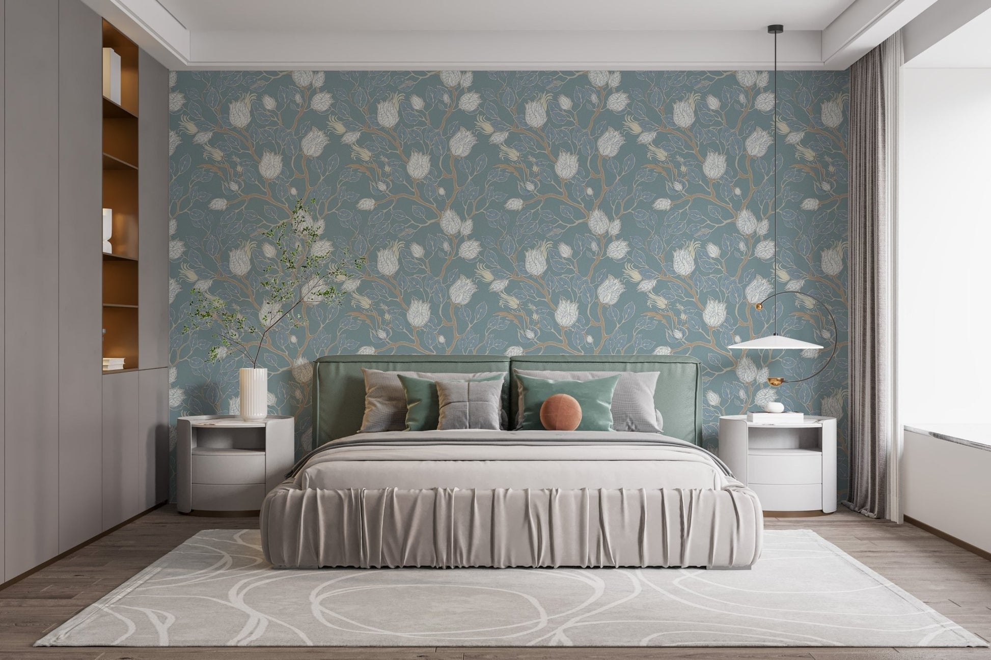 Botanical leaf pattern wallpaper in muted turquoise and ivory tones for bedroom.