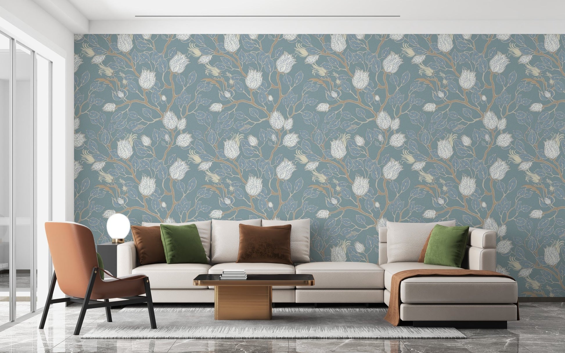 Elegant floral branch wallpaper with soft turquoise background on living room walls.
