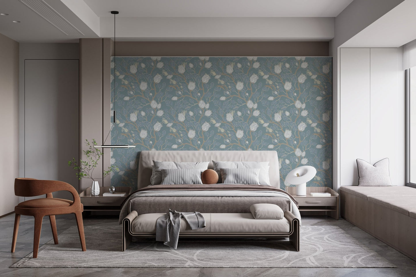 Misty turquoise floral vine wallpaper for bedroom with vintage botanical style.