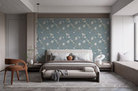 Misty turquoise floral vine wallpaper for bedroom with vintage botanical style.