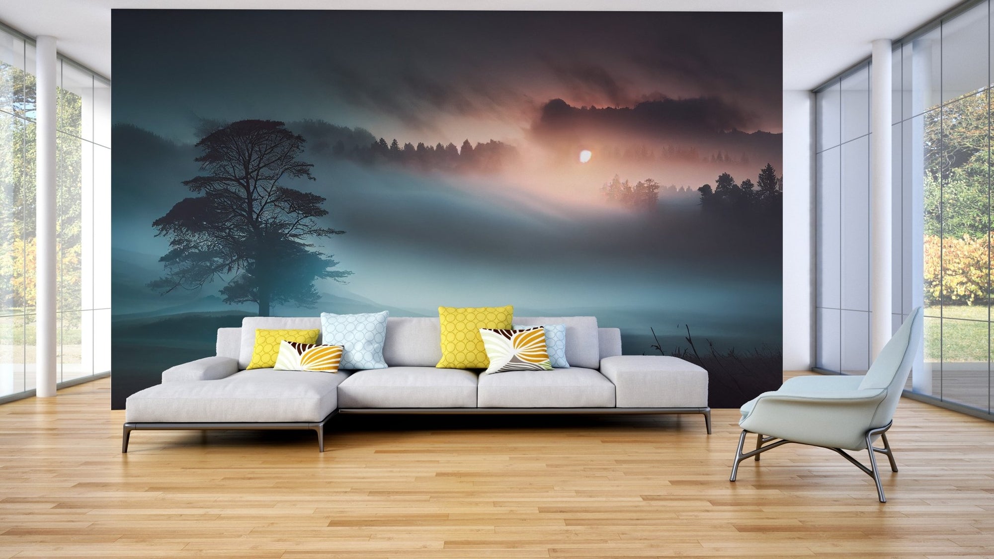 Misty twilight forest wallpaper featuring a solitary tree in fog.