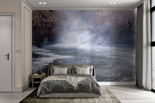 Misty waterfall nature wallpaper featuring a powerful cascading stream.