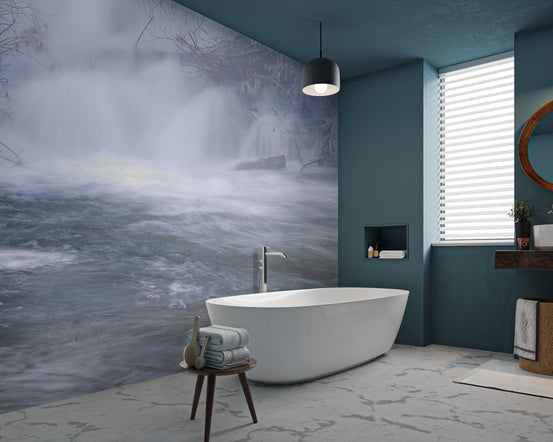 Earthy tones landscape nature wallpaper showing a flowing river and mist.