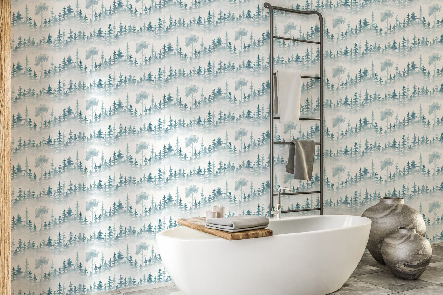 Misty White Woodland Wallpaper Mural for tranquil rooms