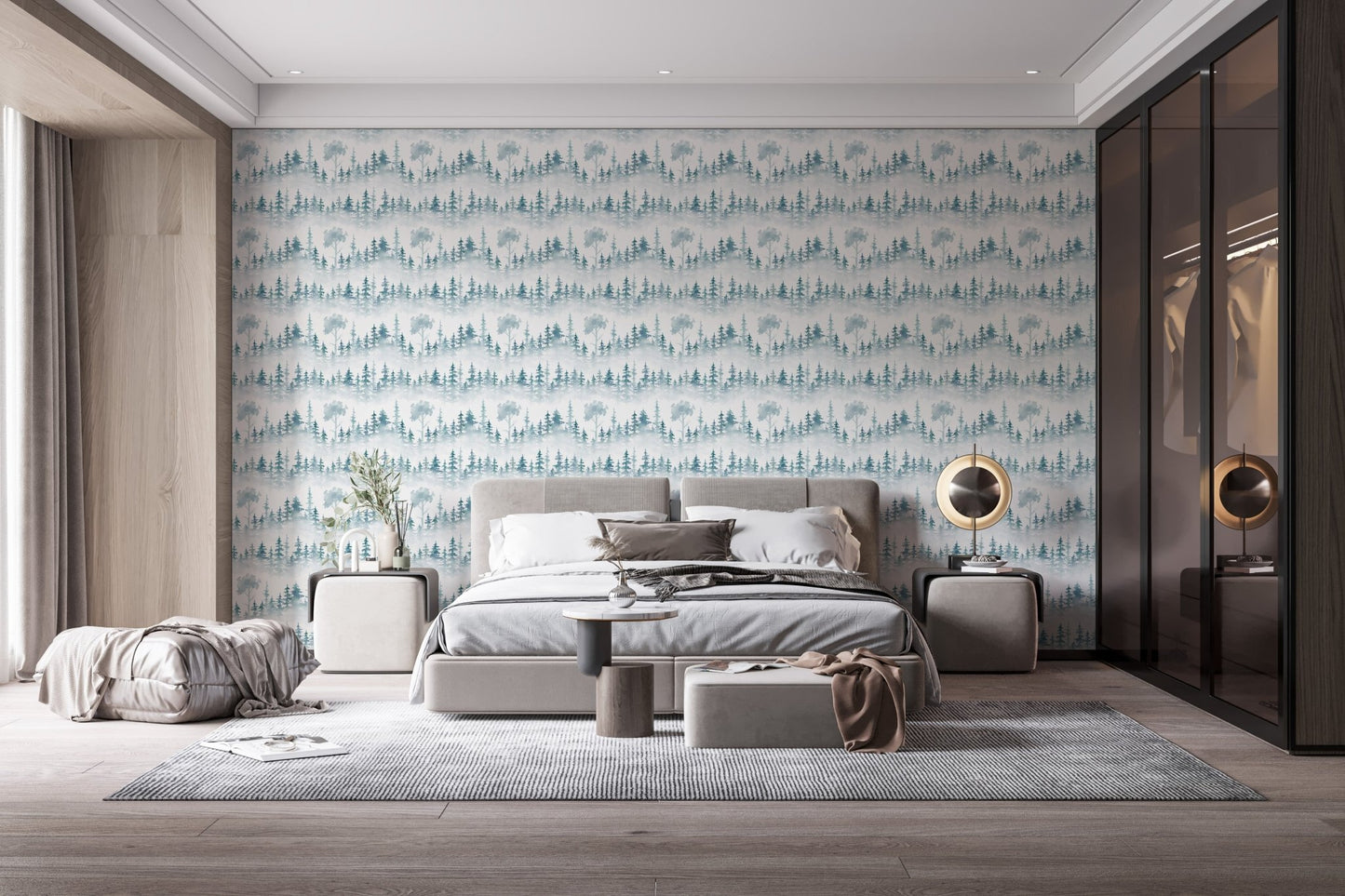 Misty White Woodland Wall Mural for a serene feel
