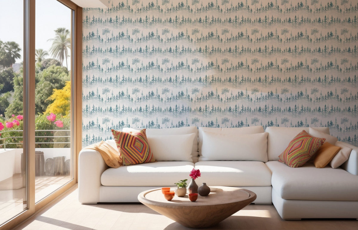 Misty White Woodland Wallpaper for Walls in a bright living room