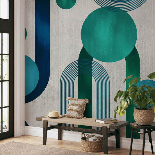 Modern 3D geometric circle wallpaper featuring teal arches on textured background.