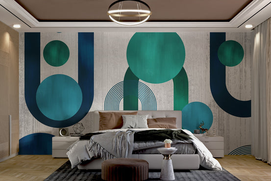 Abstract wall mural with navy blue and emerald green circular patterns.