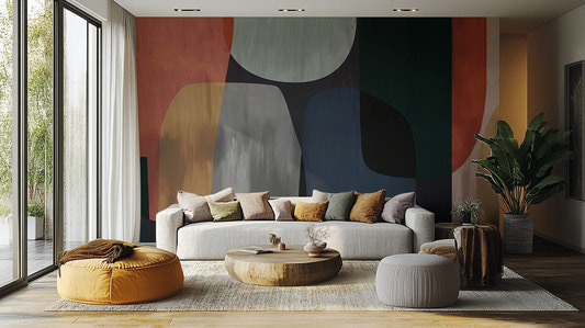 Modern abstract shapes wallpaper mural in muted red, navy, and tan.