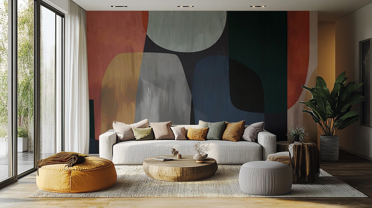 Modern abstract shapes wallpaper mural in muted red, navy, and tan.