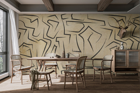 Modern abstract black line wallpaper with black brush strokes on beige.